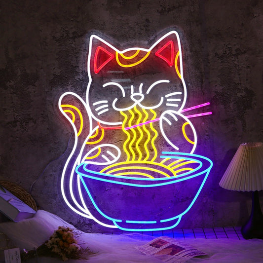 Japanese Anime Lucky Cat Ramen Noodles Neon Sign